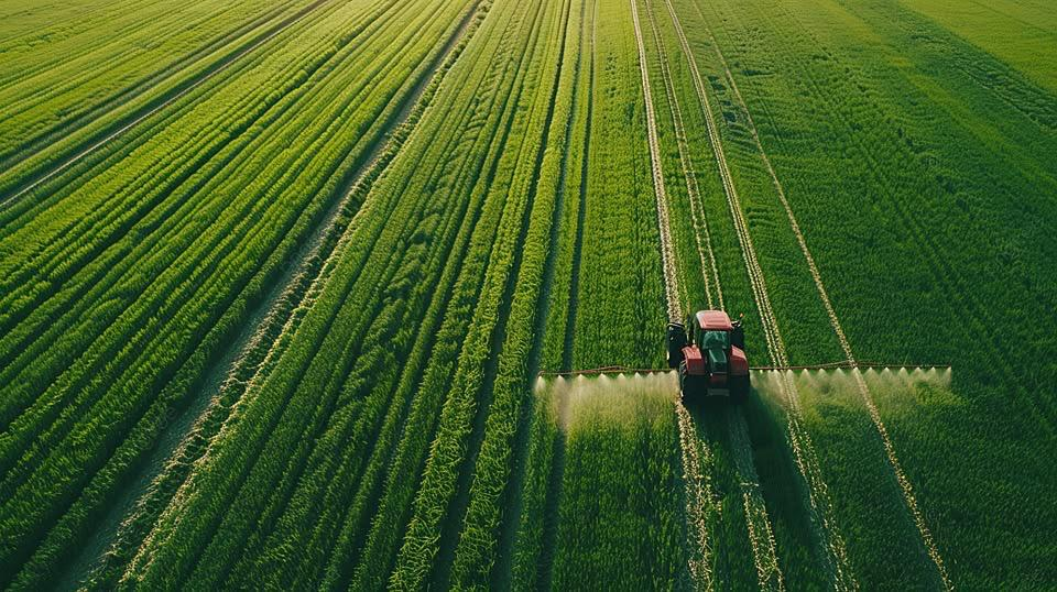 Tractor pulverizando sobre surcos verdes